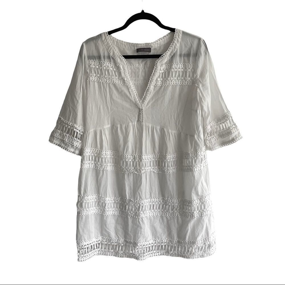 MINT VELVET Boho Cotton Short Sleeve Embroidered Tunic Mini Dress White L